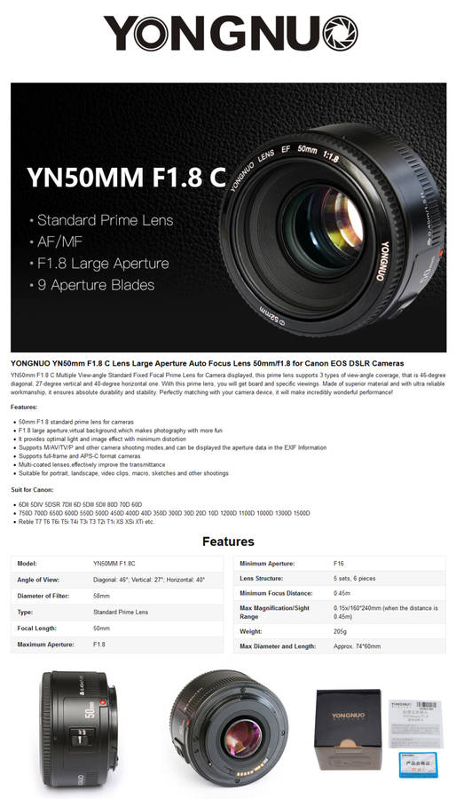 PRIME LENS - Yongnuo YN 50mm f/1.8 50mm Lens for Canon EF - Fits Canon DSLR Cameras